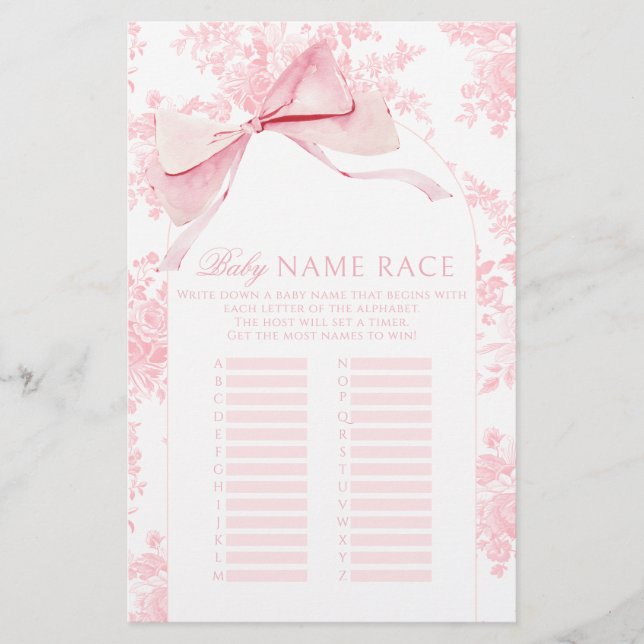 Pink Bow Floral Boho Kinderdusche Name Race Game (Vorderseite)