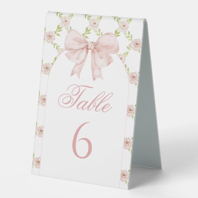 Pink Bow Floral Chic Baby Dusche Tischnummer Tischaufsteller (Vorderseite)