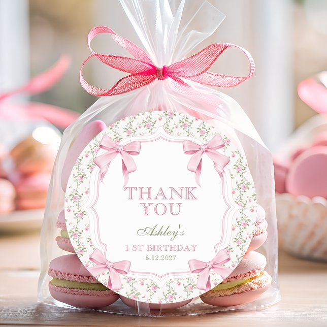 Pink Bow Floral Coquette 1st Birthday Thank You  Runder Aufkleber (Von Creator hochgeladen)
