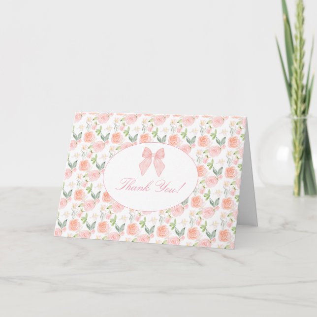 Pink Bow Floral Coquette Gingham Girl Babydusche Dankeskarte (Vorderseite)