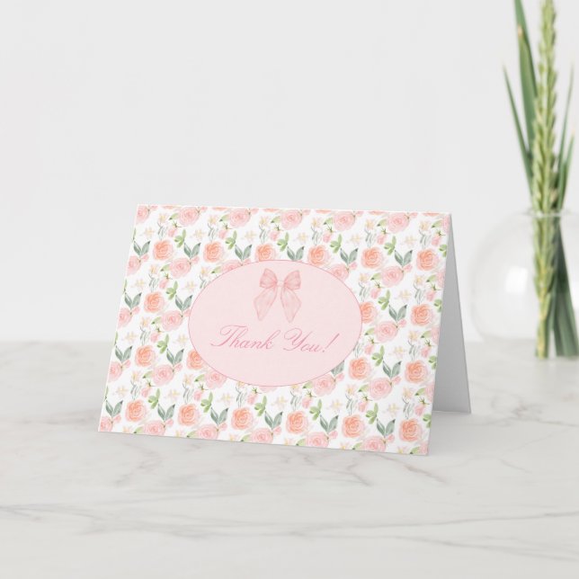 Pink Bow Floral Coquette Gingham Girl Babydusche Dankeskarte (Vorderseite)