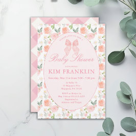 Pink Bow Floral Coquette Gingham Girl Babydusche Einladung