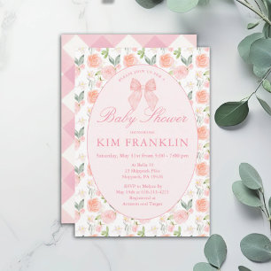 Pink Bow Floral Coquette Gingham Girl Babydusche Einladung