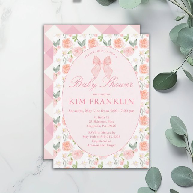 Pink Bow Floral Coquette Gingham Girl Babydusche Einladung (Von Creator hochgeladen)
