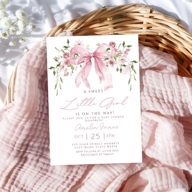 Pink Bow Floral Girl Baby Shower Einladung (Von Creator hochgeladen)