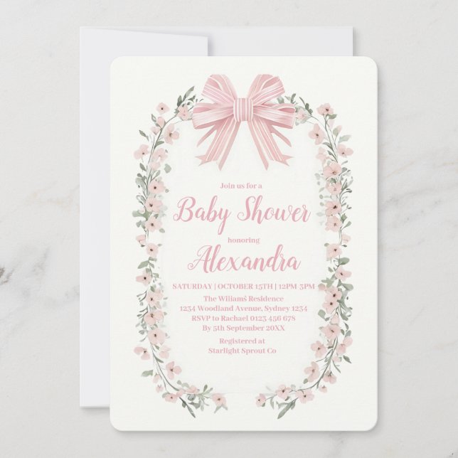 Pink Bow Floral Girl Babydusche Einladung (Vorderseite)