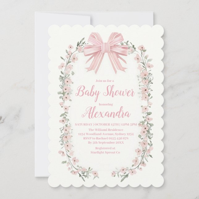 Pink Bow Floral Girl Babydusche Einladung (Vorderseite)