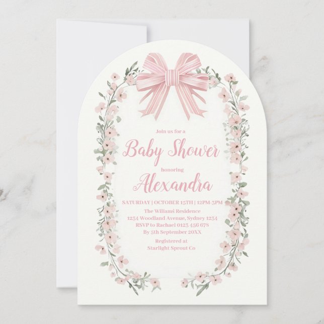 Pink Bow Floral Girl Babydusche Einladung (Vorderseite)
