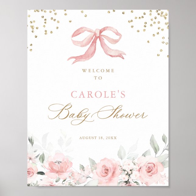 Pink Bow Floral Gold Grüne Baby Dusche Herzlich wi Poster (Vorne)