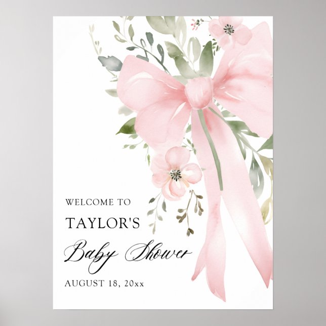 Pink Bow Floral Greenery Girl Baby Dusche Willkomm Poster (Vorne)