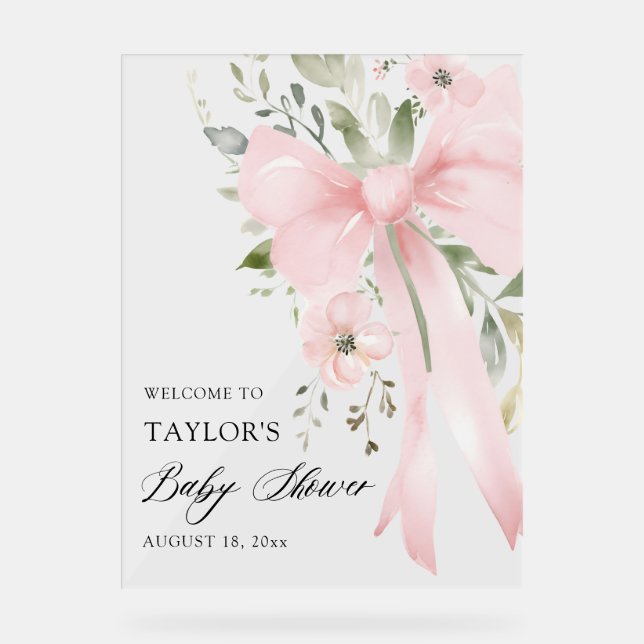 Pink Bow Floral Greenery Girl Baby Shower Welcome Acrylschild (Vorderseite)