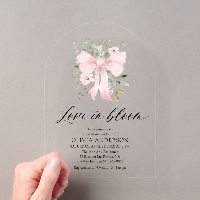 Pink Bow Floral Liebe im Bloom Arch Brautparty Acryleinladungen (Insitu (Handheld))