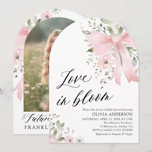 Pink Bow Floral Liebe im Bloom Arch Brautparty Einladung (Vorne/Hinten)