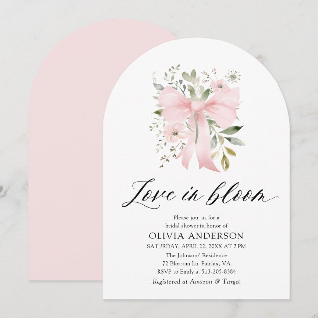 Pink Bow Floral Liebe im Bloom Arch Brautparty Einladung (Vorne/Hinten)