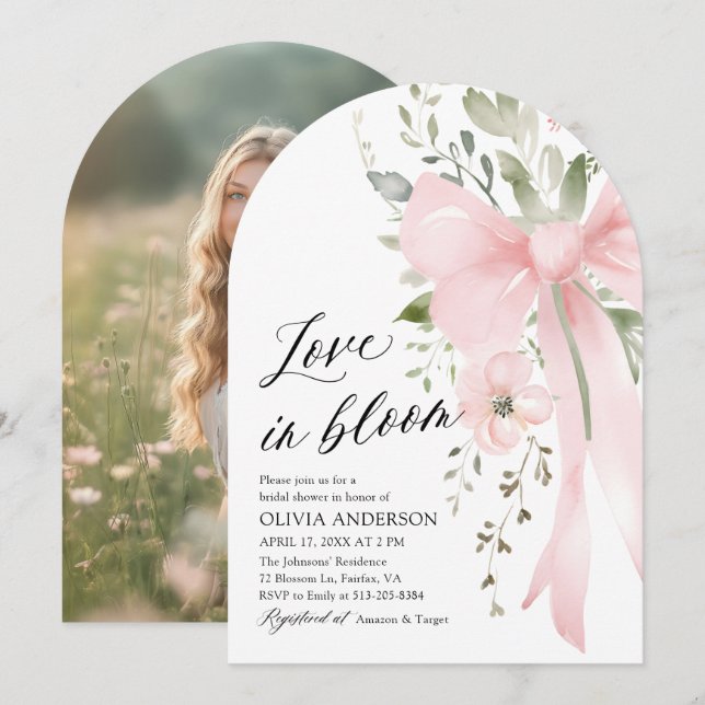 Pink Bow Floral Liebe im Bloom Arch Brautparty Einladung (Vorne/Hinten)
