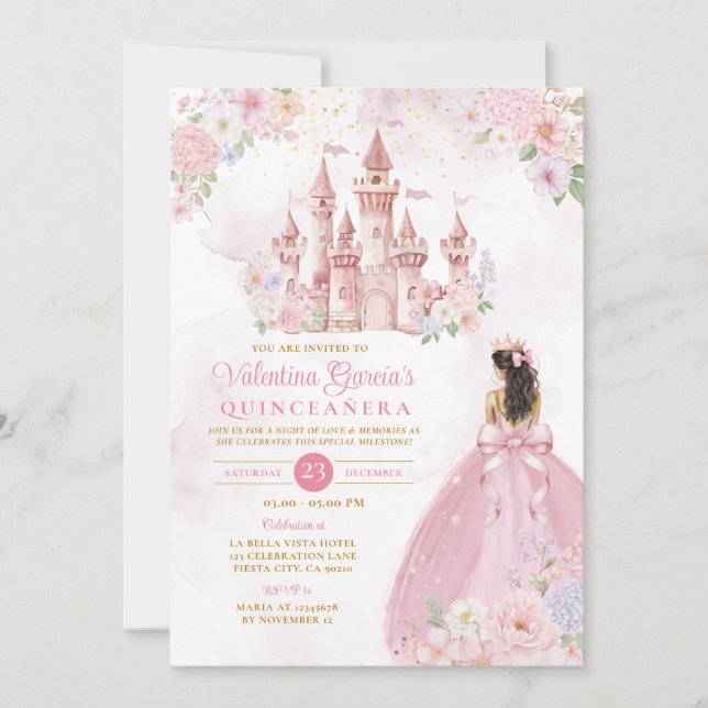 Pink Bow Floral Princess Royal Castle Quinceañera Einladung (Vorderseite)