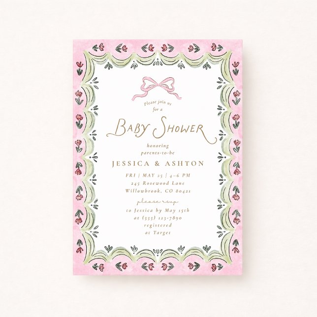 Pink Bow Floral Scalloped Frame Baby Shower  Einladung (Von Creator hochgeladen)
