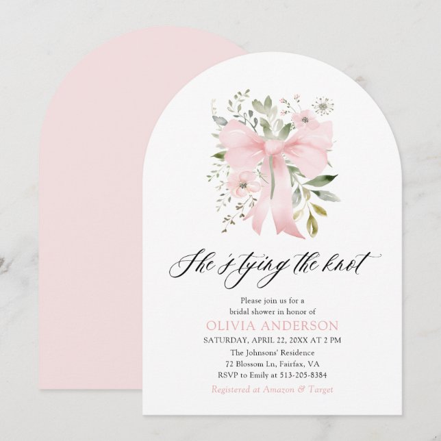 Pink Bow Floral Sie bindet das Brautparty des Knot Einladung (Vorne/Hinten)