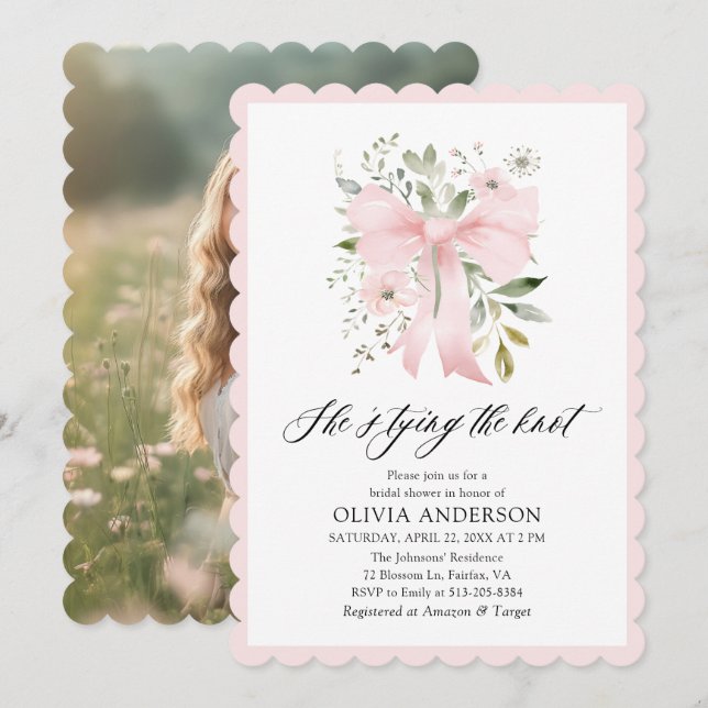 Pink Bow Floral Sie bindet das Brautparty des Knot Einladung (Vorne/Hinten)