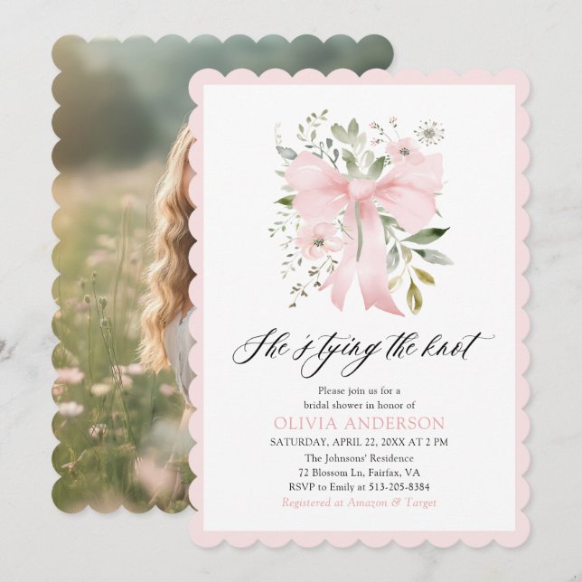 Pink Bow Floral Sie bindet das Brautparty des Knot Einladung (Vorne/Hinten)