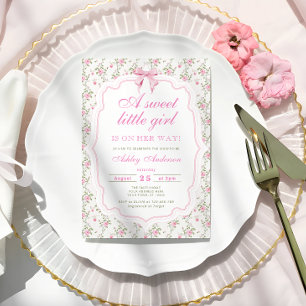 Pink Bow Floral Sweet Little Girl Baby Dusche Einladung