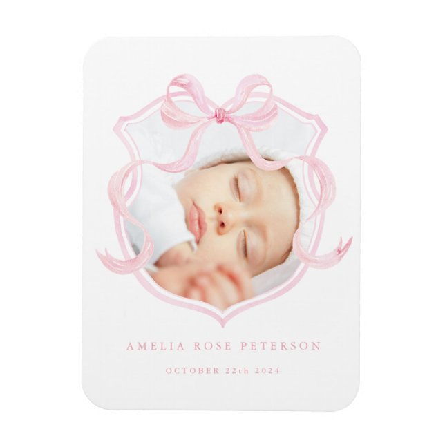 Pink Bow Foto Baby Girl Ankündigung Magnet (Vertikal)