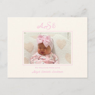 Pink Bow Foto Beige Geburtsankündigung Postkarte