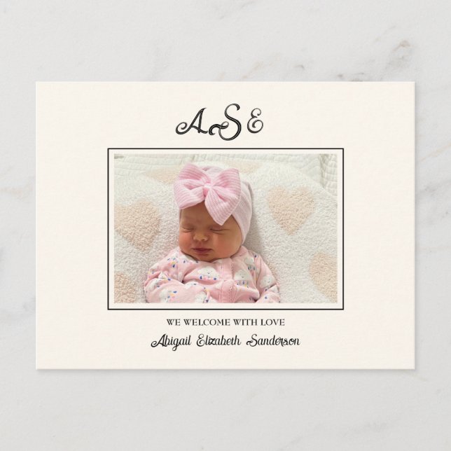 Pink Bow Foto Cream Birth Ankündigung Postkarte (Vorderseite)