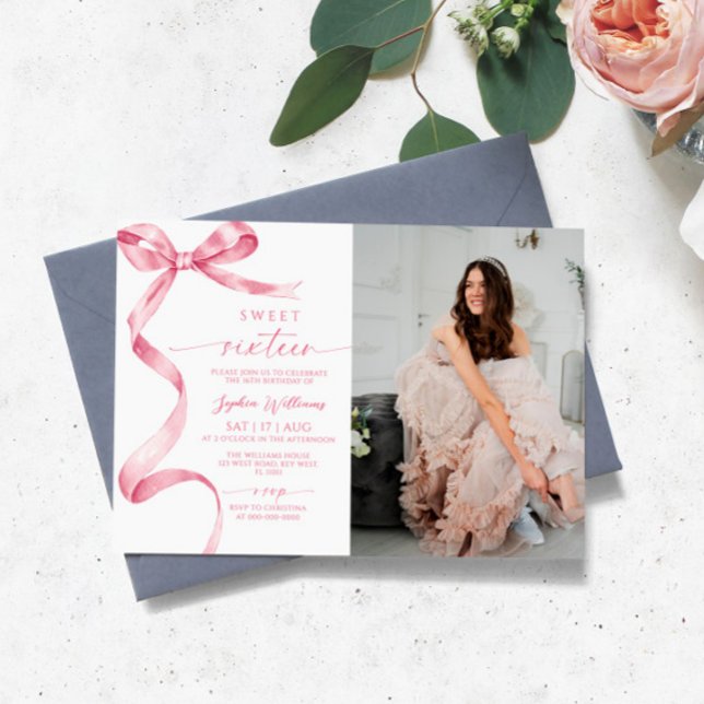 Pink Bow Foto Sweet 16 Birthday Einladung (Von Creator hochgeladen)