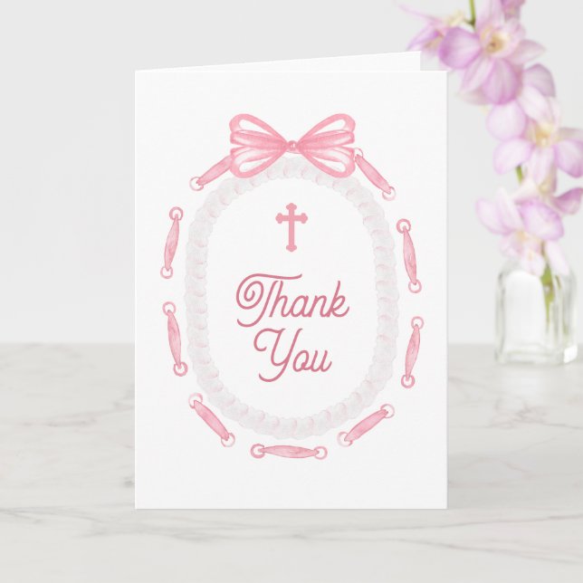 Pink Bow Frame Holy Cross Religious Thank You Karte (Orchidee)