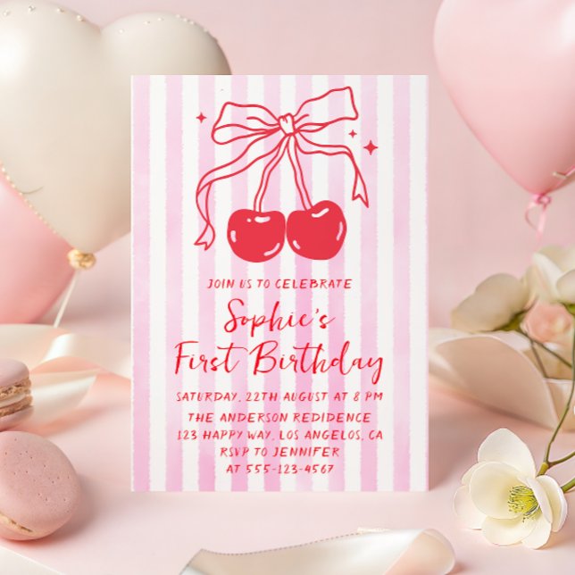 Pink Bow Fruit Sweet Cherry First Birthday Einladung (Von Creator hochgeladen)