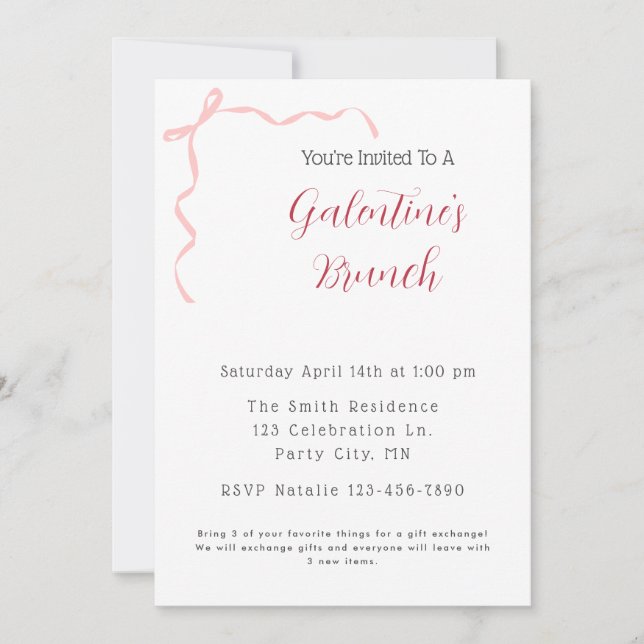 Pink Bow Galentine's Brunch Invitation Einladung (Vorderseite)