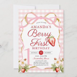 Pink Bow Gingham Berry First Strawberry Birthday Einladung