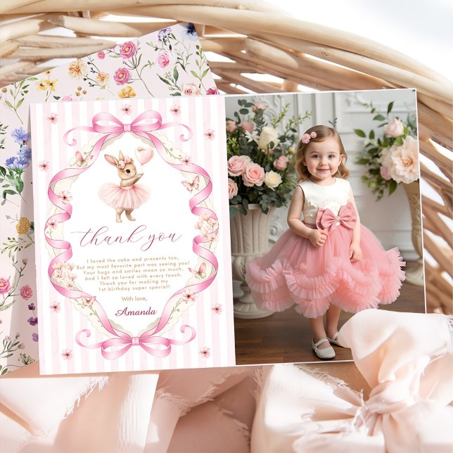 Pink Bow Gingham Bunny 1st Birthday Dankeskarte (Von Creator hochgeladen)