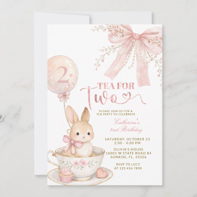Pink Bow Gingham Bunny Girl Birthday Invitation Einladung (Vorderseite)