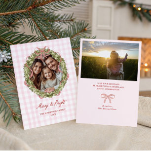 Pink Bow Gingham Christmas Wreath Foto Feiertagskarte