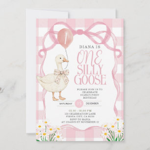 PINK BOW Gingham Daisy One Albern Goose Birthday Einladung