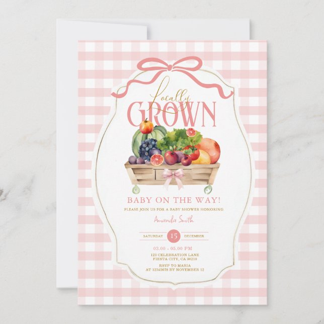 Pink Bow Gingham Lokal Grown Baby Shower Einladung (Vorderseite)