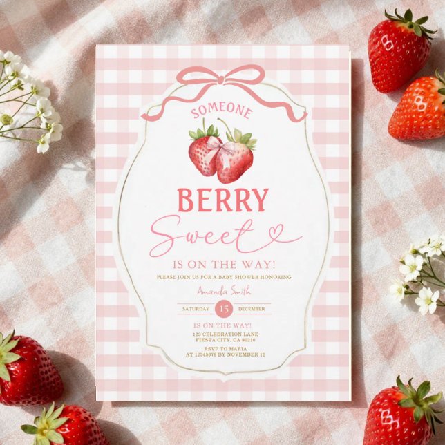 Pink Bow Gingham Strawberry Baby Dusche Einladung (Von Creator hochgeladen)
