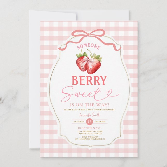 Pink Bow Gingham Strawberry Baby Dusche Einladung (Vorderseite)