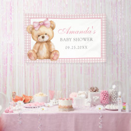 Pink Bow Gingham Teddy Bear Babydusche Banner