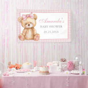 Pink Bow Gingham Teddy Bear Babydusche Banner