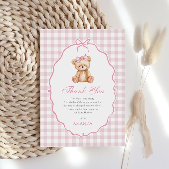 Pink Bow Gingham Teddy Bear Babydusche Dankeskarte (Von Creator hochgeladen)