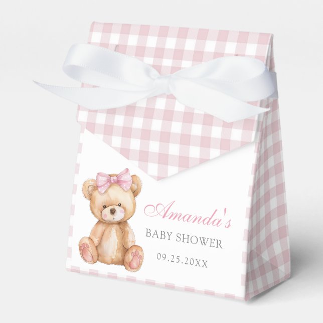Pink Bow Gingham Teddy Bear Babydusche Geschenkschachtel (Vorderseite)