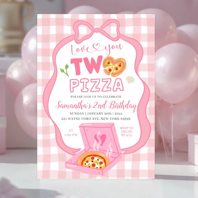 Pink Bow GinghamLove you TWO pizza birthday Einladung (Von Creator hochgeladen)