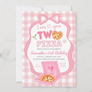 Pink Bow GinghamLove you TWO pizza birthday Einladung