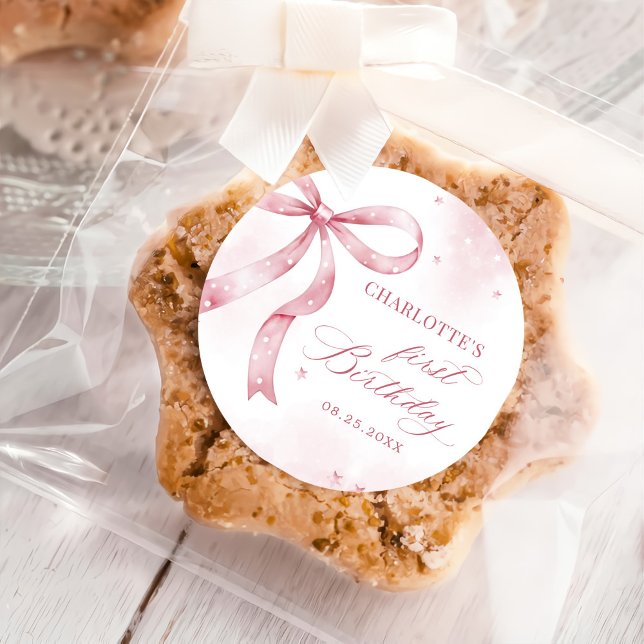 Pink Bow Girl 1. Geburtstag Party Runder Aufkleber (Von Creator hochgeladen)