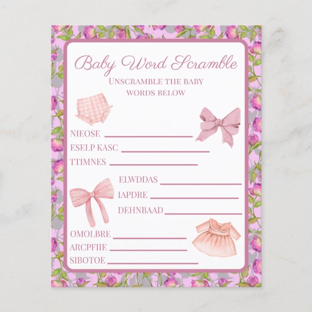 Pink Bow Girl Baby Dusche Word Scramble (Vorderseite)