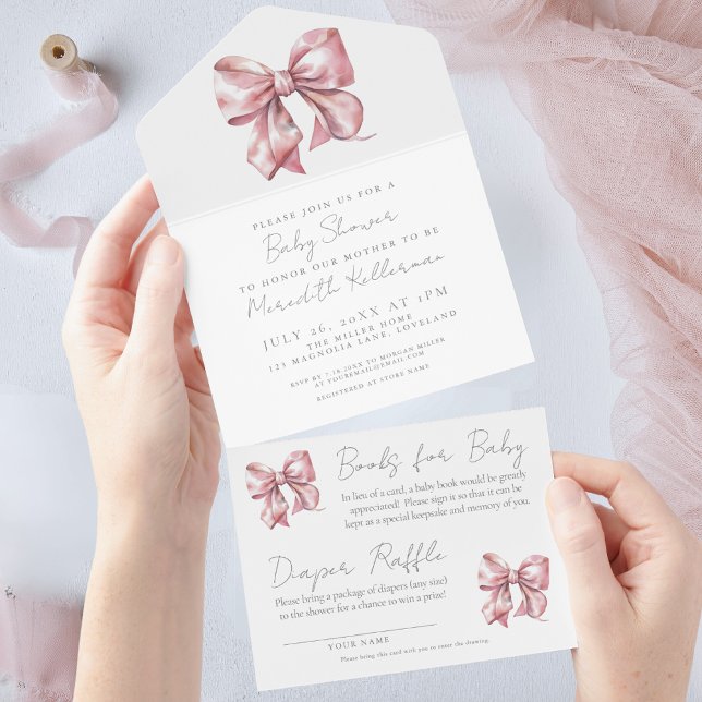 Pink Bow Girl Babydusche All In One Einladung (Pink Bow Watercolor Girly Baby Shower All in One Invitation)