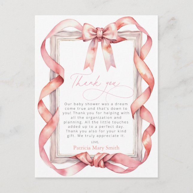 Pink Bow Girl Babydusche Danke PostCard Postkarte (Vorderseite)